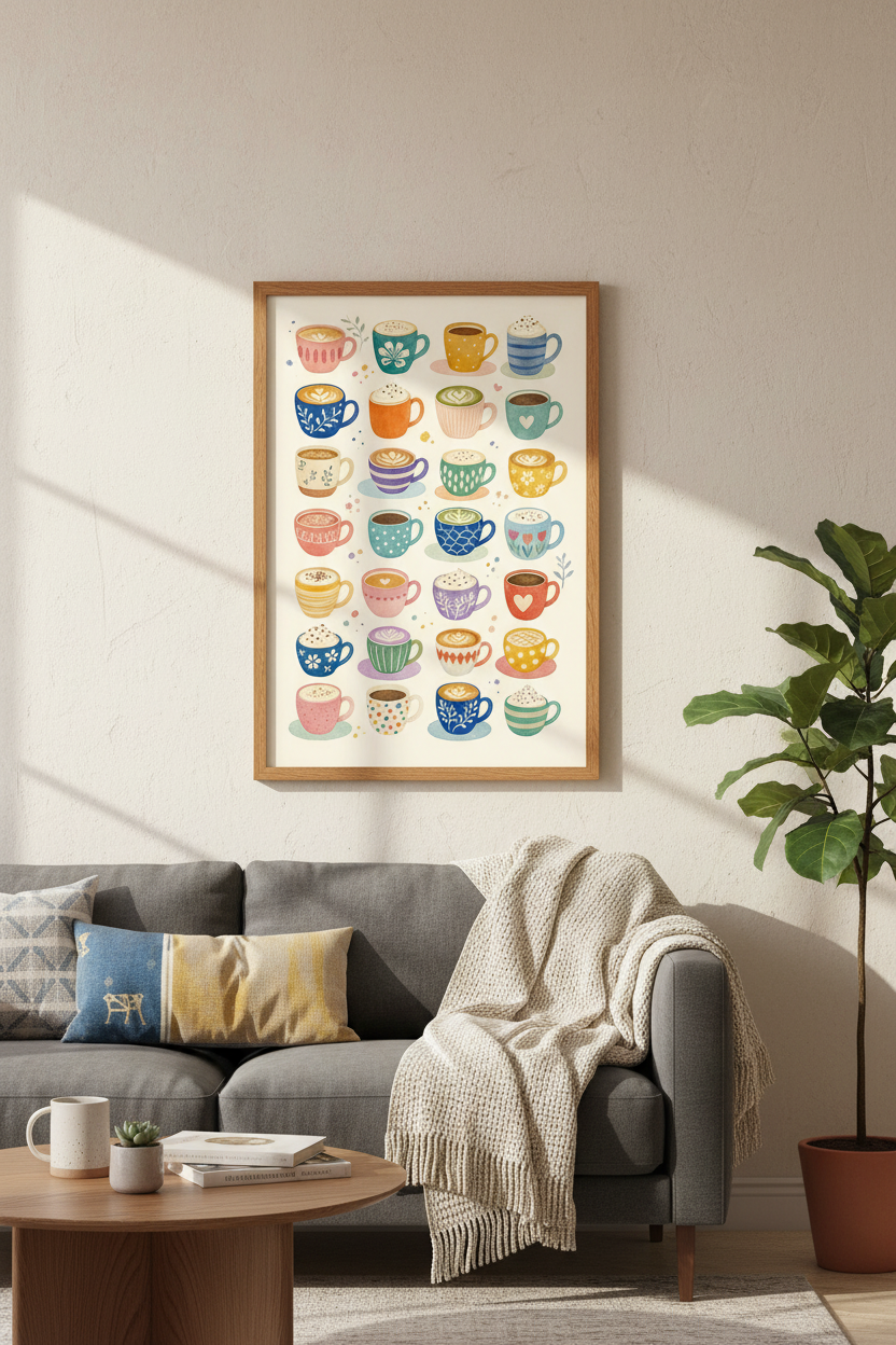 Coffee Cups Wall Art | Watercolor Cafe Mug Poster, Kitchen &amp; Coffee Bar Decor