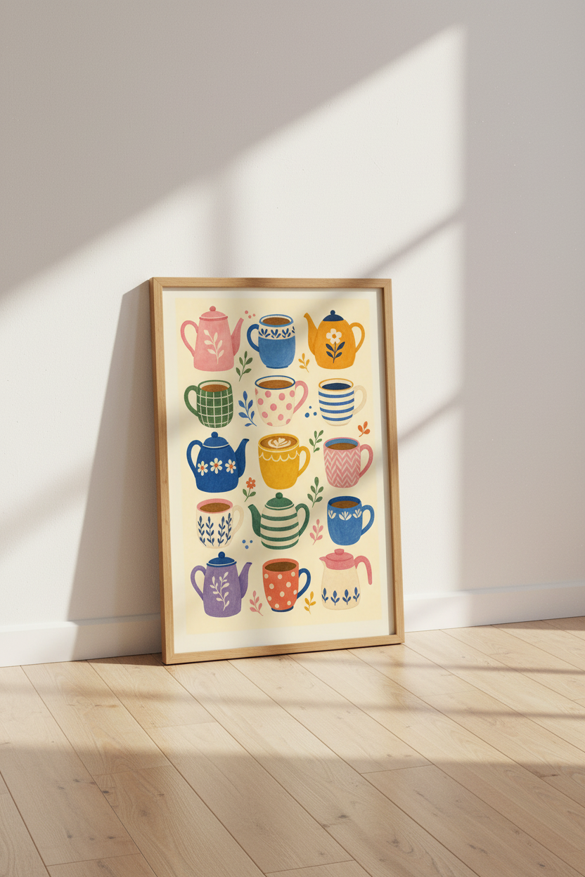 Teapots and Coffee Mugs Wall Art Print | Kitchen Decor | Whimsical Folk Poster