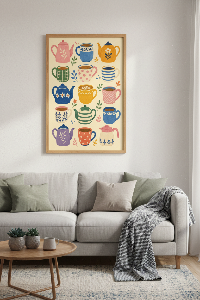Teapots and Coffee Mugs Wall Art Print | Kitchen Decor | Whimsical Folk Poster