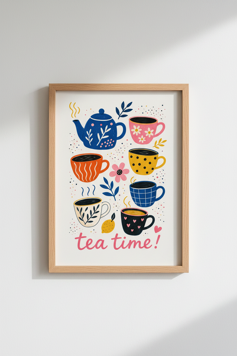 Tea Time Art Print | Colorful Kitchen Decor | Modern Whimsical Poster