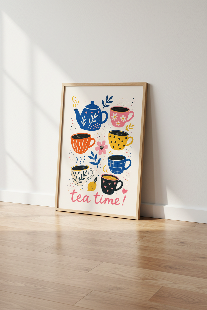 Tea Time Art Print | Colorful Kitchen Decor | Modern Whimsical Poster
