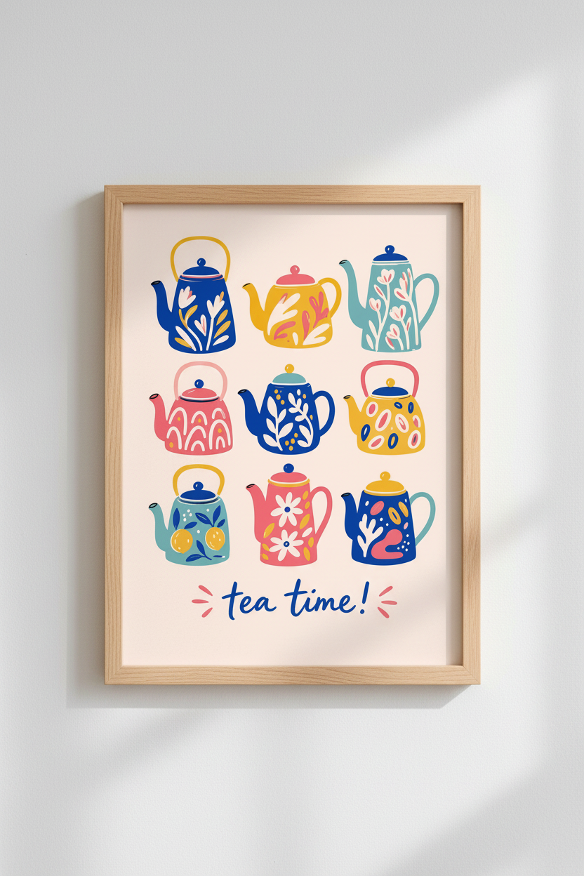 Colorful Teapot Art Print | Whimsical Kitchen Decor | Eclectic Tea Time Poster