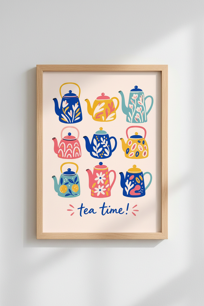 Colorful Teapot Art Print | Whimsical Kitchen Decor | Eclectic Tea Time Poster