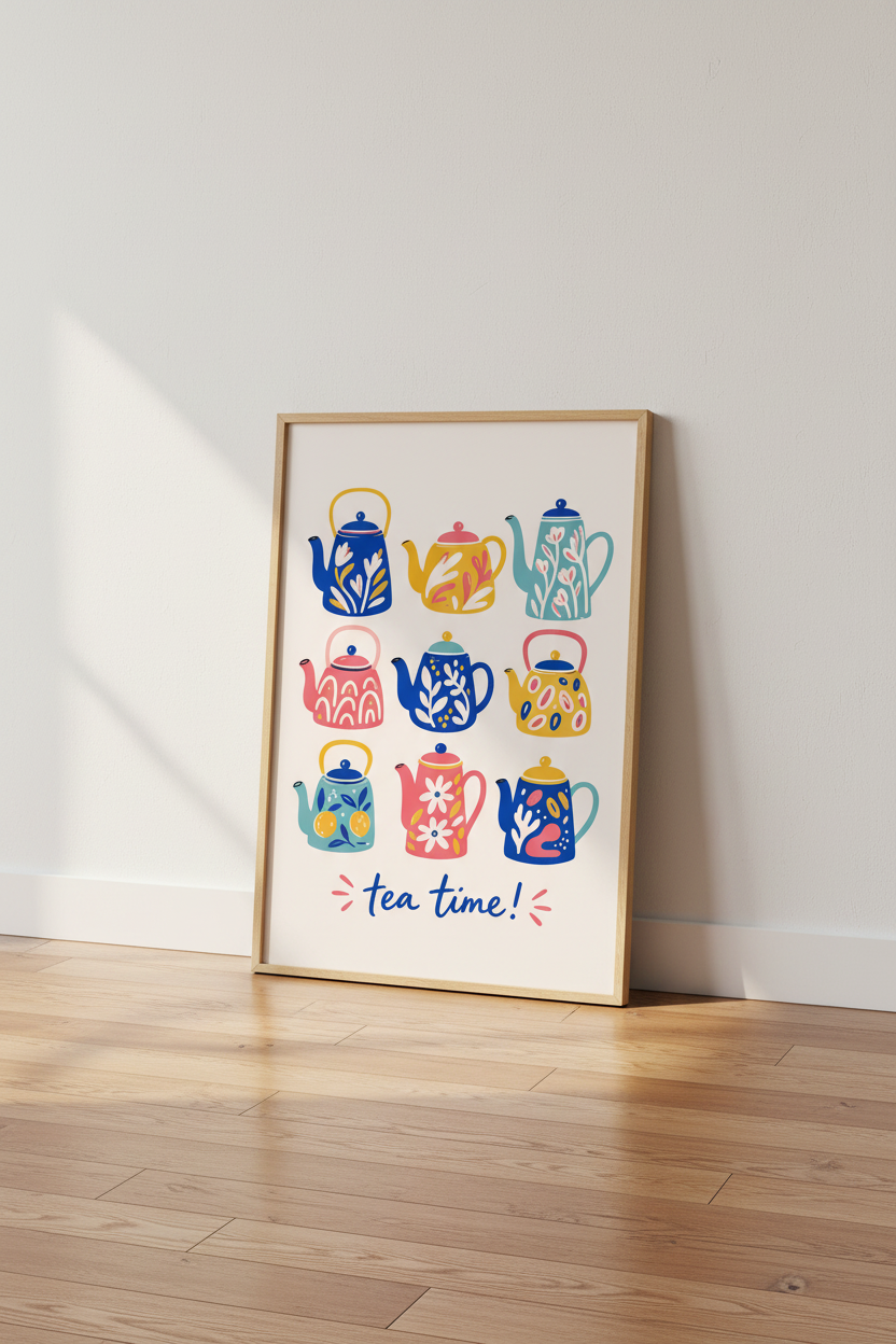 Colorful Teapot Art Print | Whimsical Kitchen Decor | Eclectic Tea Time Poster