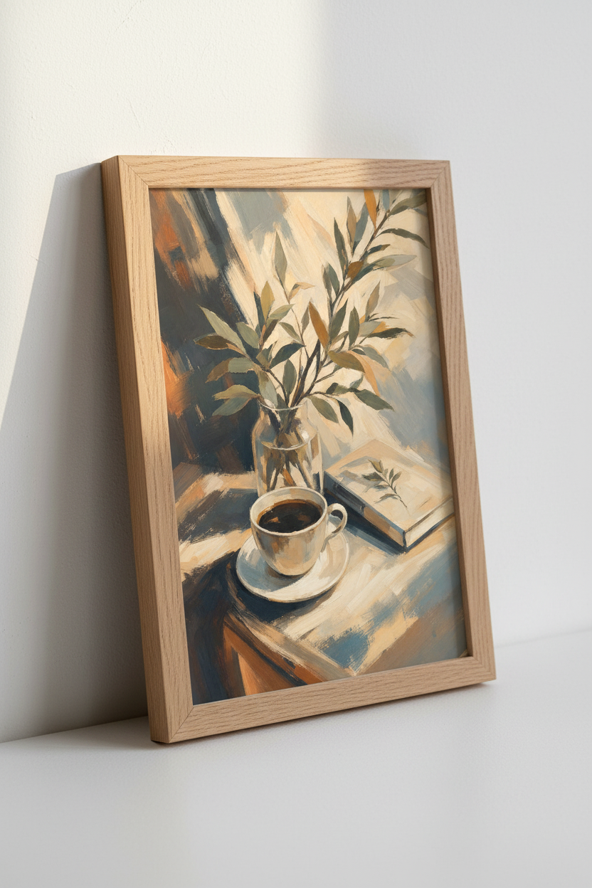 Coffee &amp; Books Impressionist Wall Art | Cozy Morning Decor | Earthy Still Life Poster
