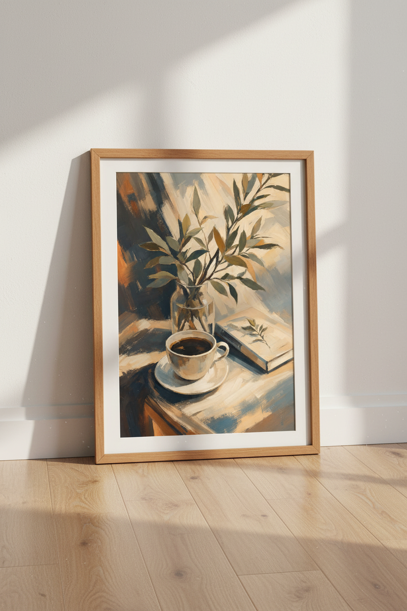 Coffee &amp; Books Impressionist Wall Art | Cozy Morning Decor | Earthy Still Life Poster