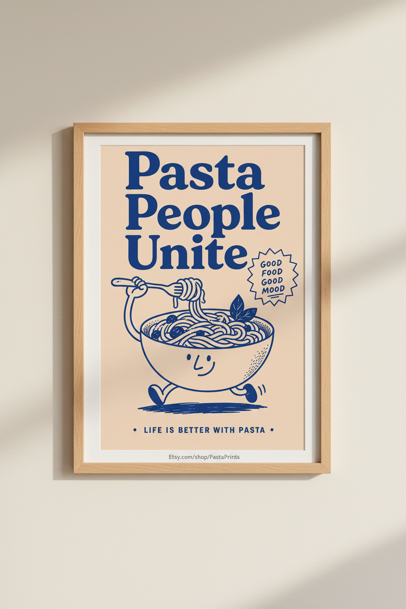 Pasta Kitchen Wall Art | Blue Retro Foodie Poster | Modern Kitchen Decor