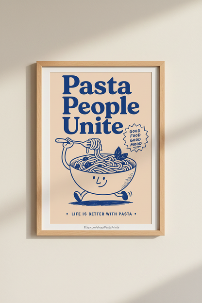 Pasta Kitchen Wall Art | Blue Retro Foodie Poster | Modern Kitchen Decor