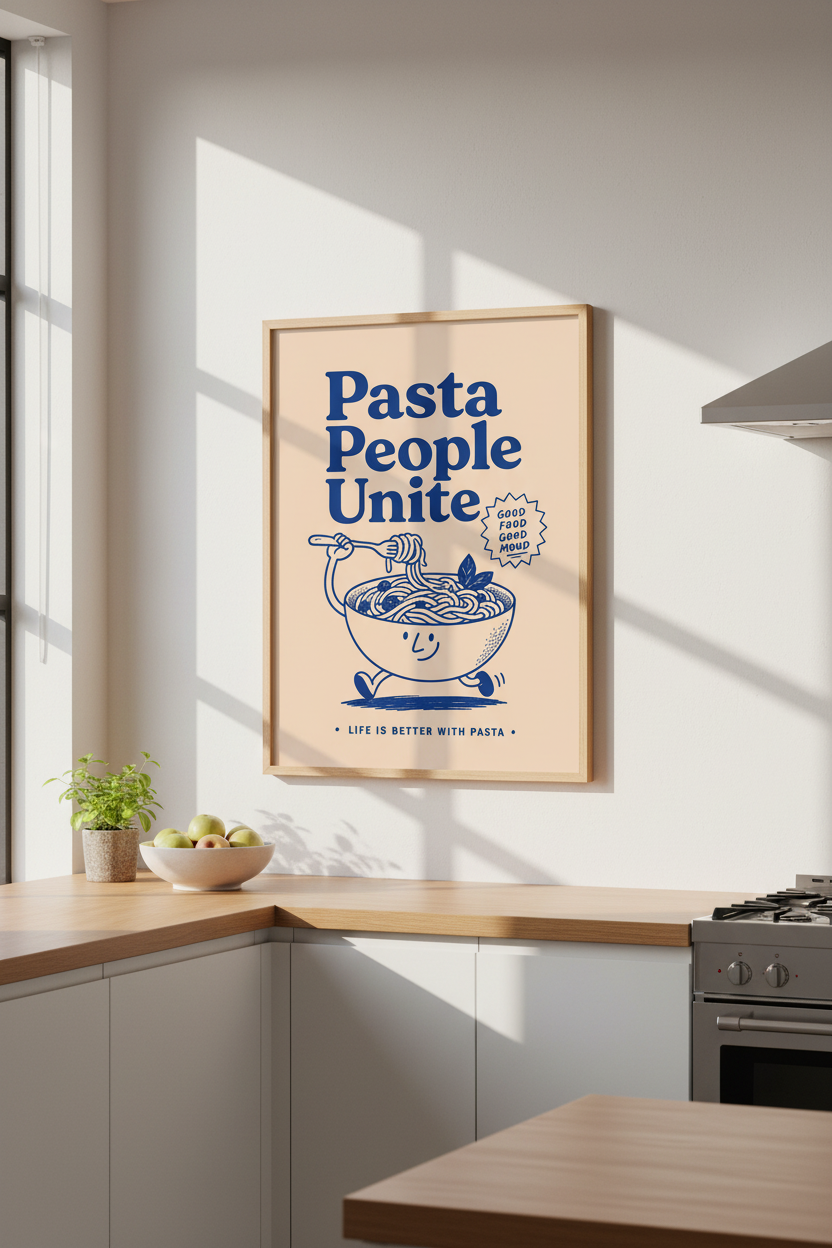 Pasta Kitchen Wall Art | Blue Retro Foodie Poster | Modern Kitchen Decor