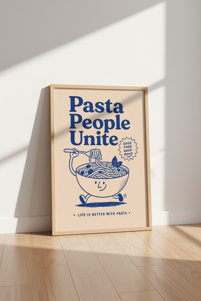 Pasta Kitchen Wall Art | Blue Retro Foodie Poster | Modern Kitchen Decor