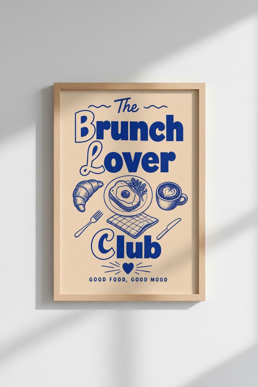 Retro Kitchen Wall Art | Blue Brunch Club Poster, Breakfast Food Print