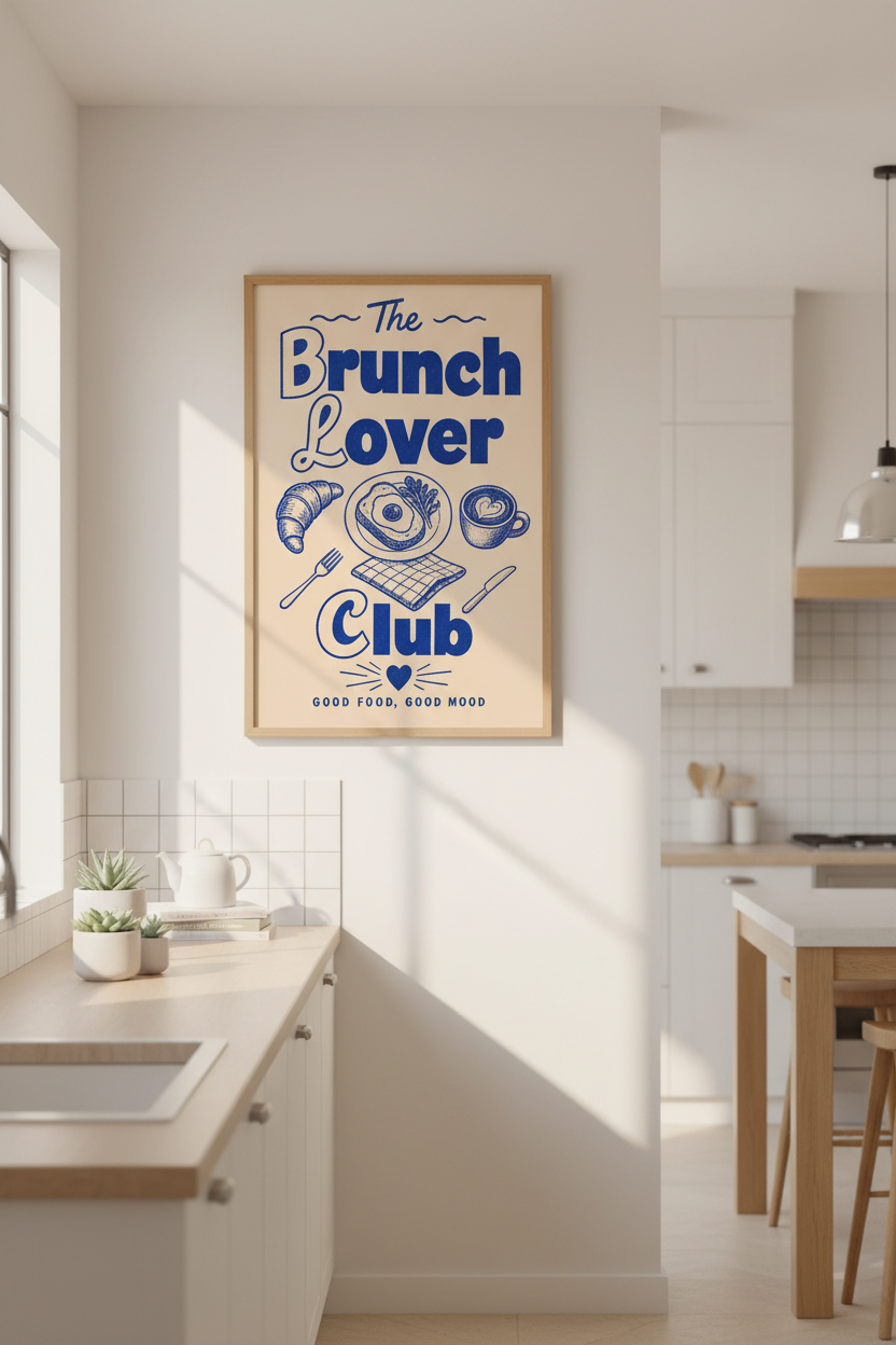 Retro Kitchen Wall Art | Blue Brunch Club Poster, Breakfast Food Print