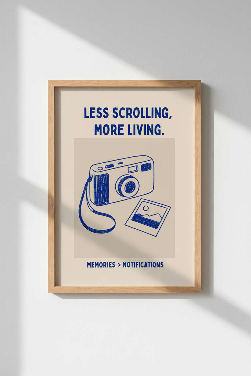 Typography Quote Poster | Minimalist Blue Camera Print, Digital Detox Wall Art