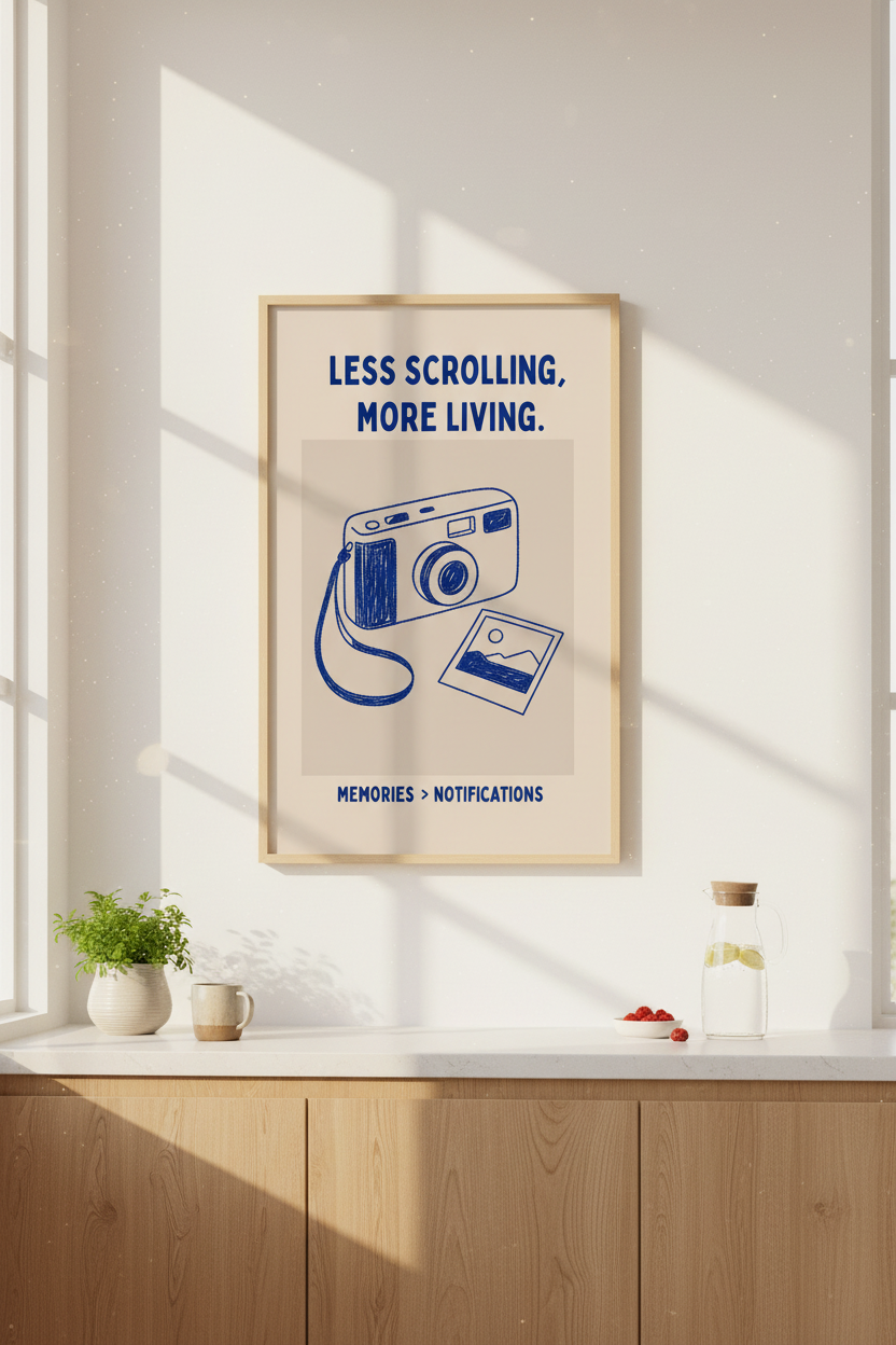 Typography Quote Poster | Minimalist Blue Camera Print, Digital Detox Wall Art