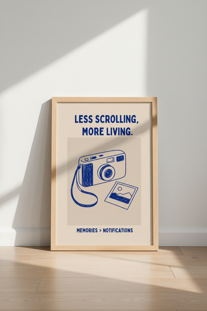 Typography Quote Poster | Minimalist Blue Camera Print, Digital Detox Wall Art