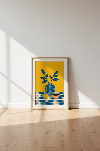 Modern Mediterranean Still Life | Bold Navy &amp; Yellow Kitchen Decor | Minimalist Poster