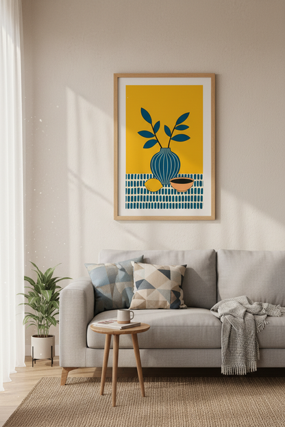 Modern Mediterranean Still Life | Bold Navy &amp; Yellow Kitchen Decor | Minimalist Poster