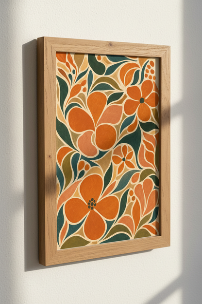 Retro Floral Abstract Wall Art | Burnt Orange &amp; Sage Botanical Print, Boho Home Decor