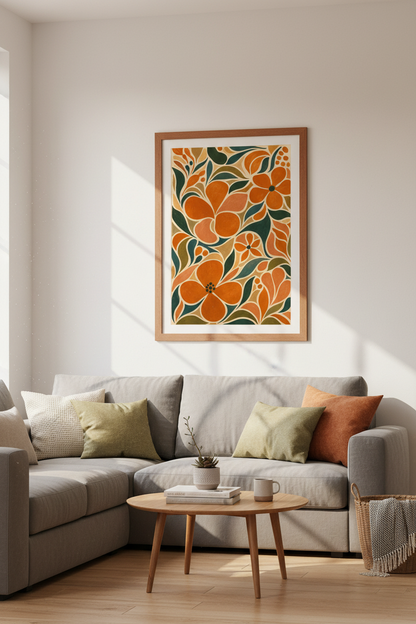 Retro Floral Abstract Wall Art | Burnt Orange &amp; Sage Botanical Print, Boho Home Decor