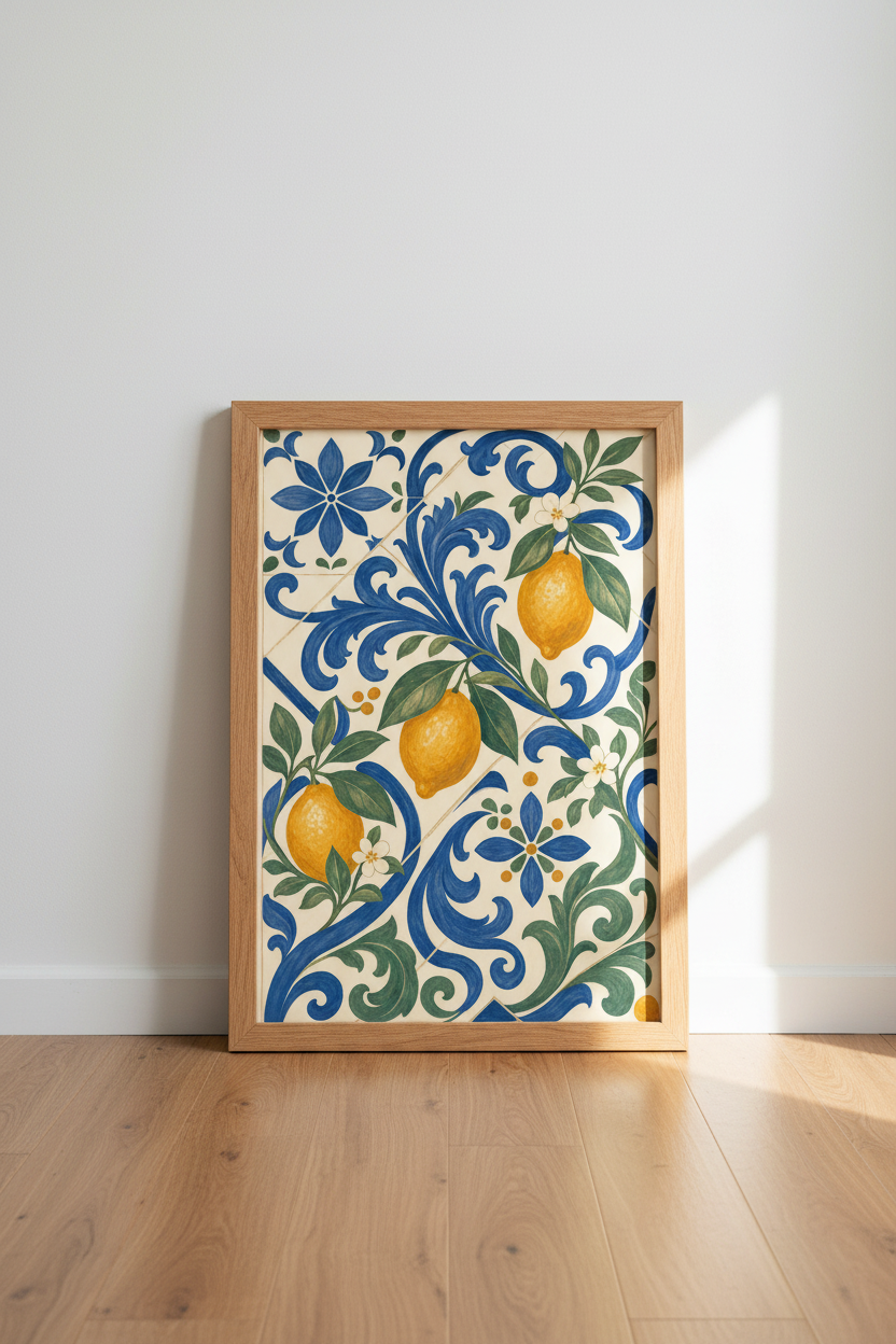 Lemon Mediterranean Tile Wall Art | Coastal Kitchen Decor | Amalfi Citrus Poster