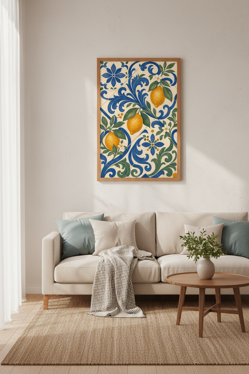 Lemon Mediterranean Tile Wall Art | Coastal Kitchen Decor | Amalfi Citrus Poster