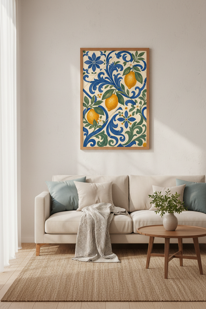Lemon Mediterranean Tile Wall Art | Coastal Kitchen Decor | Amalfi Citrus Poster