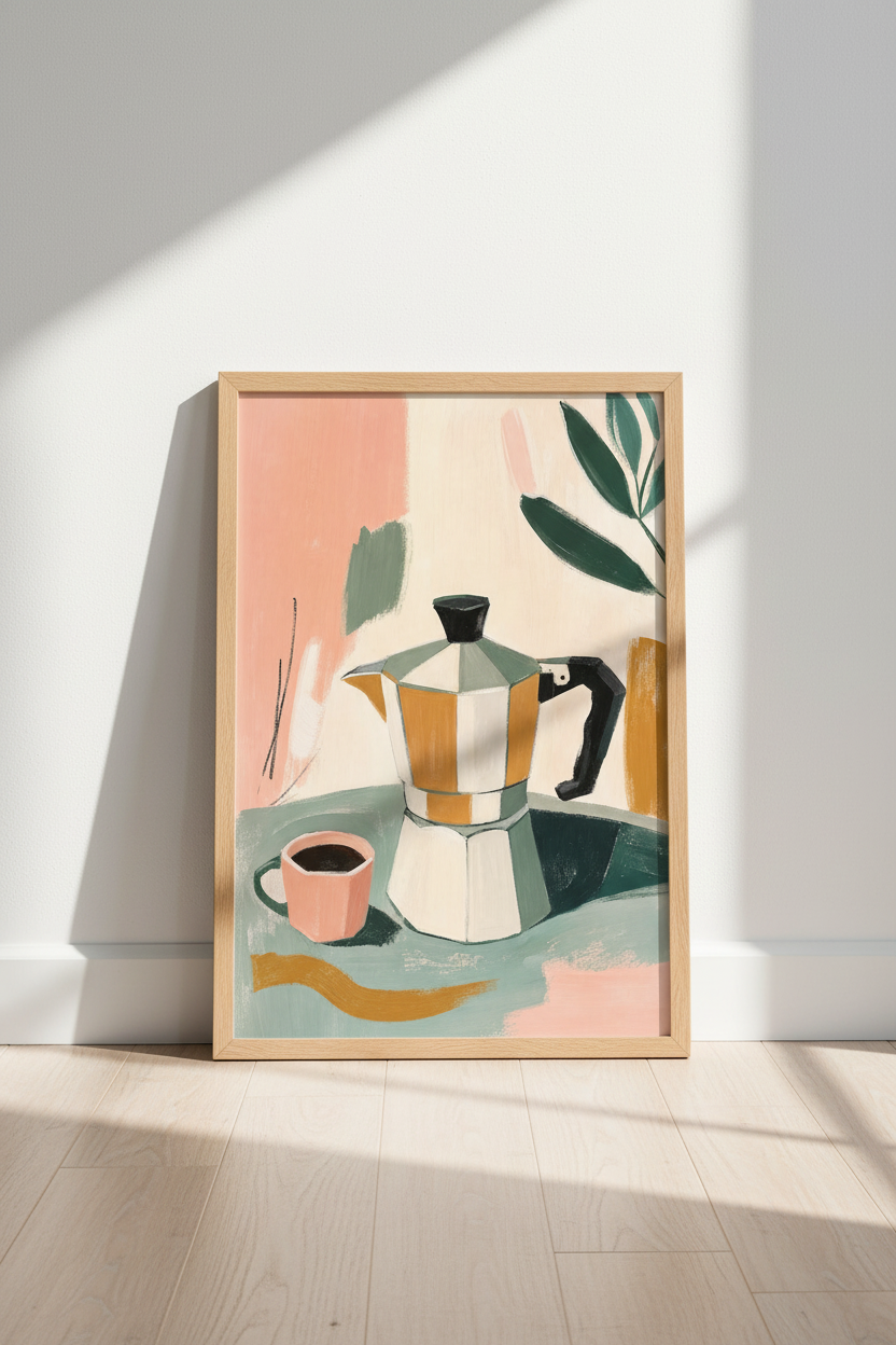 Moka Pot Coffee Wall Art | Sage &amp; Blush Kitchen Decor | Abstract Poster
