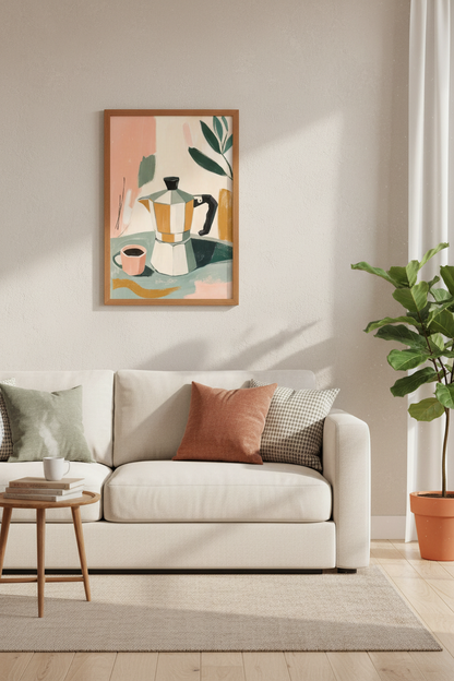 Moka Pot Coffee Wall Art | Sage &amp; Blush Kitchen Decor | Abstract Poster