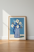 Blue Floral Pitcher Wall Art | Mediterranean Still Life | Mid Century Poster
