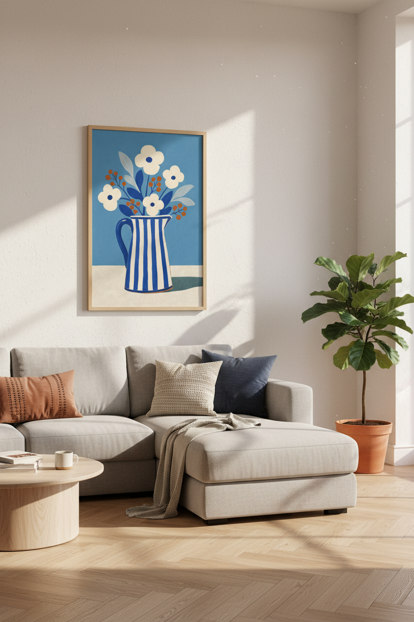 Blue Floral Pitcher Wall Art | Mediterranean Still Life | Mid Century Poster