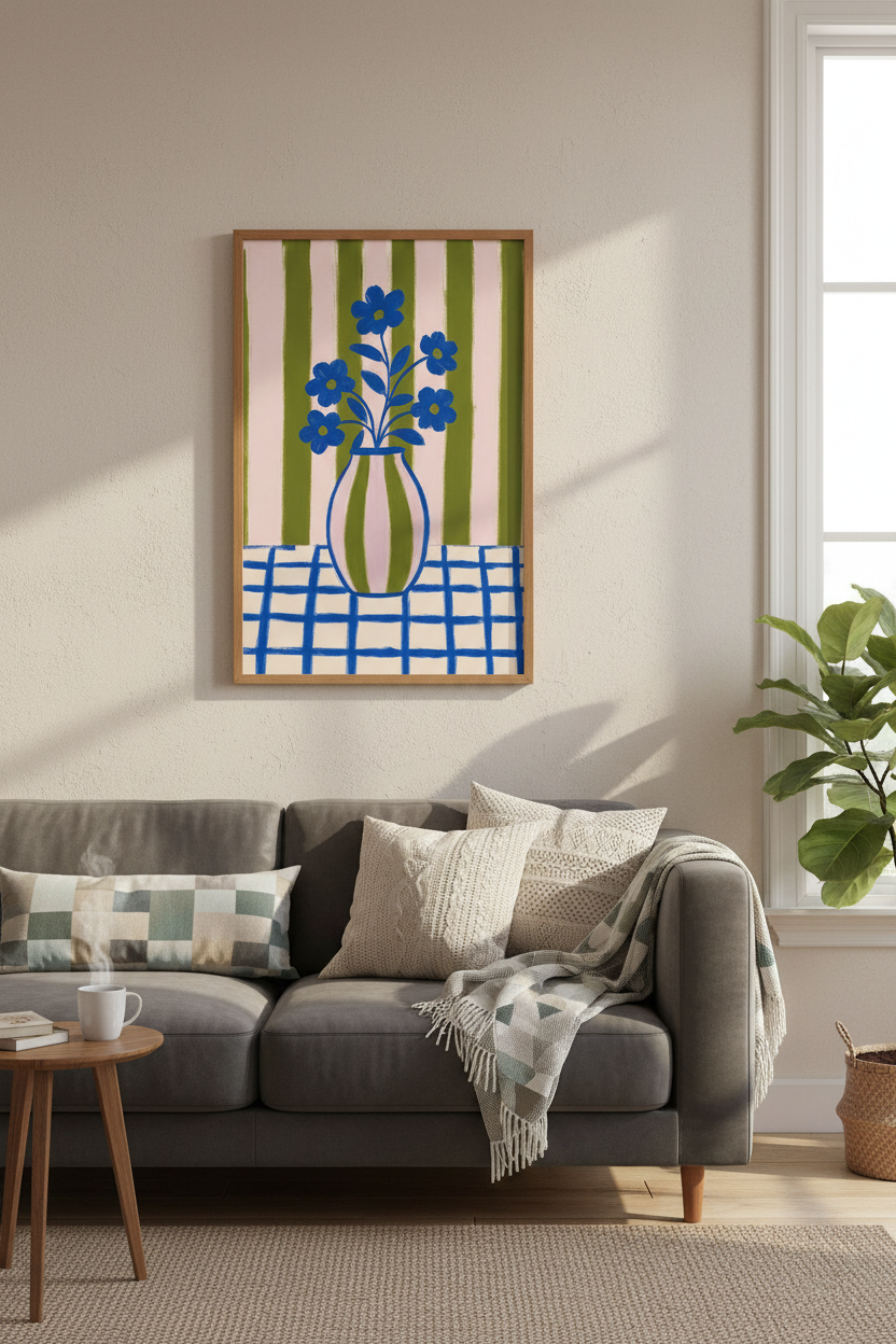 Blue Floral Vase Wall Art Print | Pink Green Striped Decor | Bold Aesthetic Poster