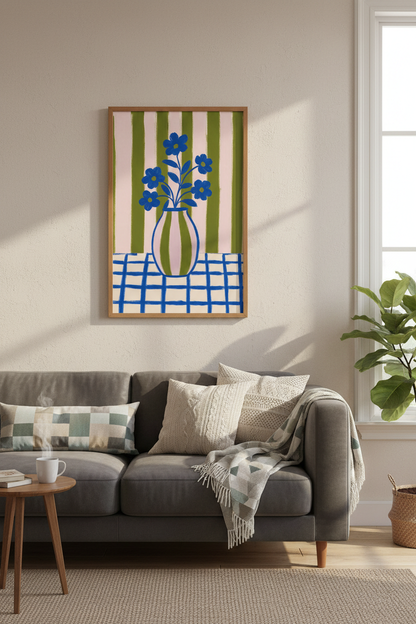 Blue Floral Vase Wall Art Print | Pink Green Striped Decor | Bold Aesthetic Poster