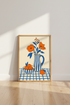 Abstract Floral Still Life | Bold Blue & Orange Print, Kitchen Wall Decor