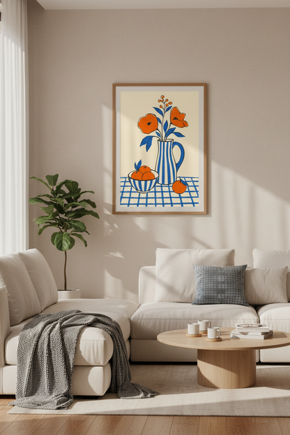 Abstract Floral Still Life | Bold Blue &amp; Orange Print, Kitchen Wall Decor