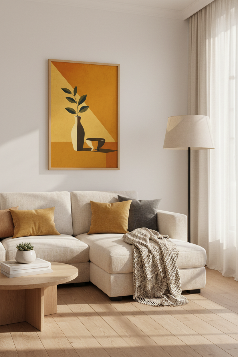 Modern Still Life Vase Print | Mid Century Yellow Abstract, Boho Living Room Art