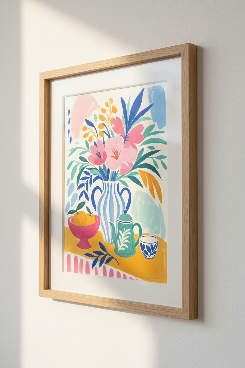 Modern Floral Still Life | Mediterranean Blue &amp; Pink Art, Kitchen Decor