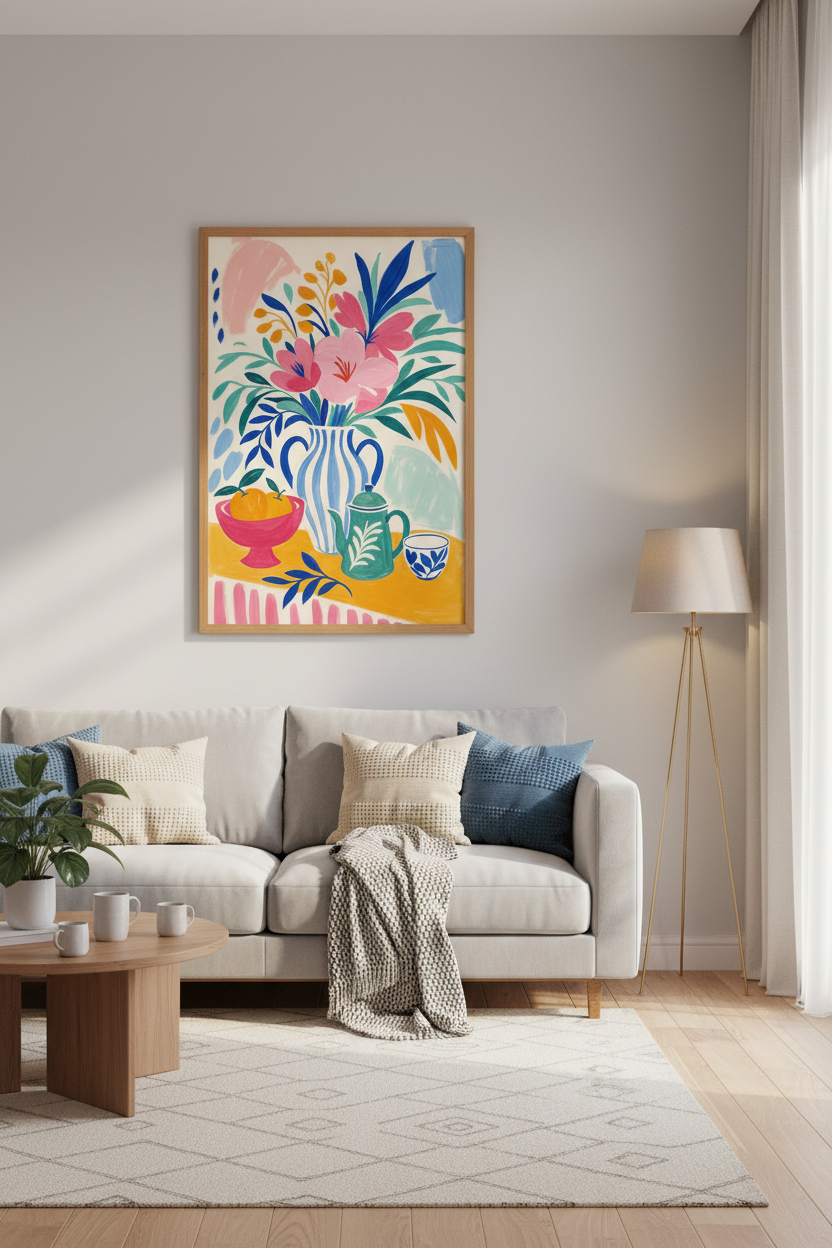 Modern Floral Still Life | Mediterranean Blue &amp; Pink Art, Kitchen Decor