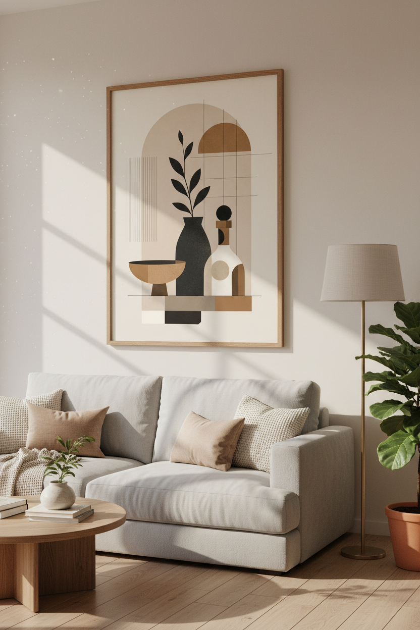 Minimalist Geometric Still Life | Earthy Boho Decor, Modern Living Room Art
