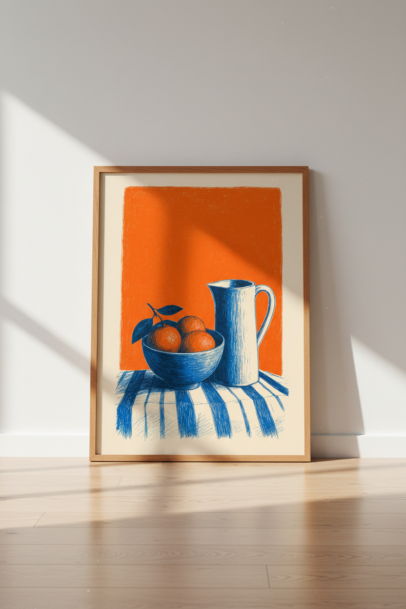 Modern Mediterranean Orange Still Life | Blue &amp; Orange Sketch, Kitchen Art