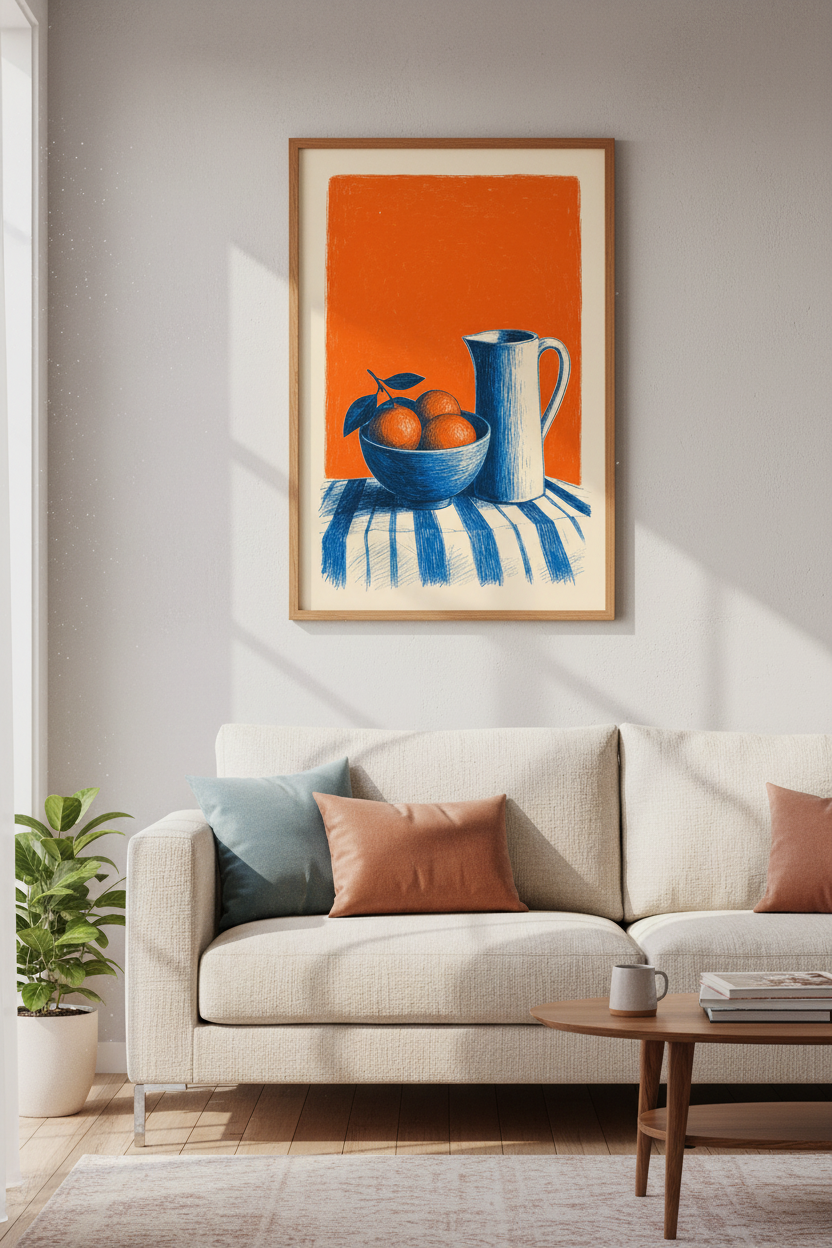 Modern Mediterranean Orange Still Life | Blue &amp; Orange Sketch, Kitchen Art