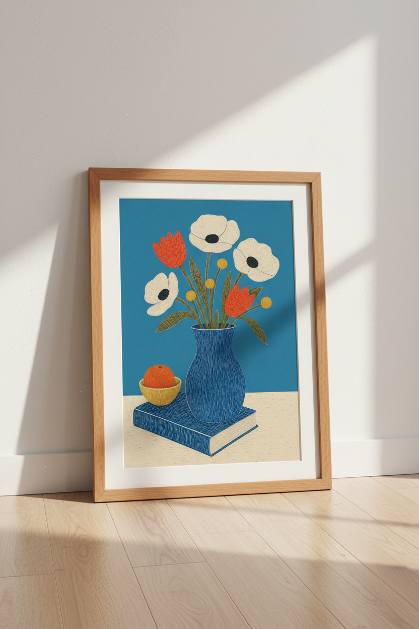 Floral Still Life | Mid Century Modern Blue Vase, Kitchen Living Room Wall Art