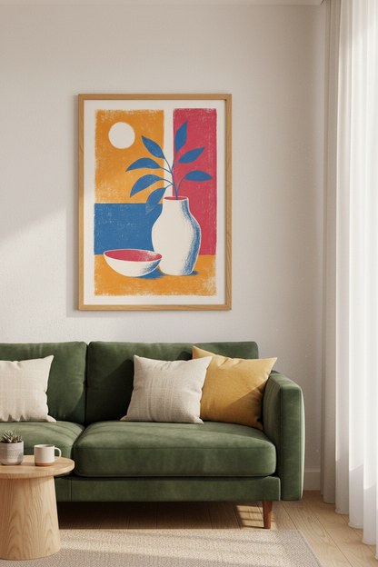 Abstract Botanical Still Life Wall Art | Colorful Retro Vase Poster | Modern Home Decor
