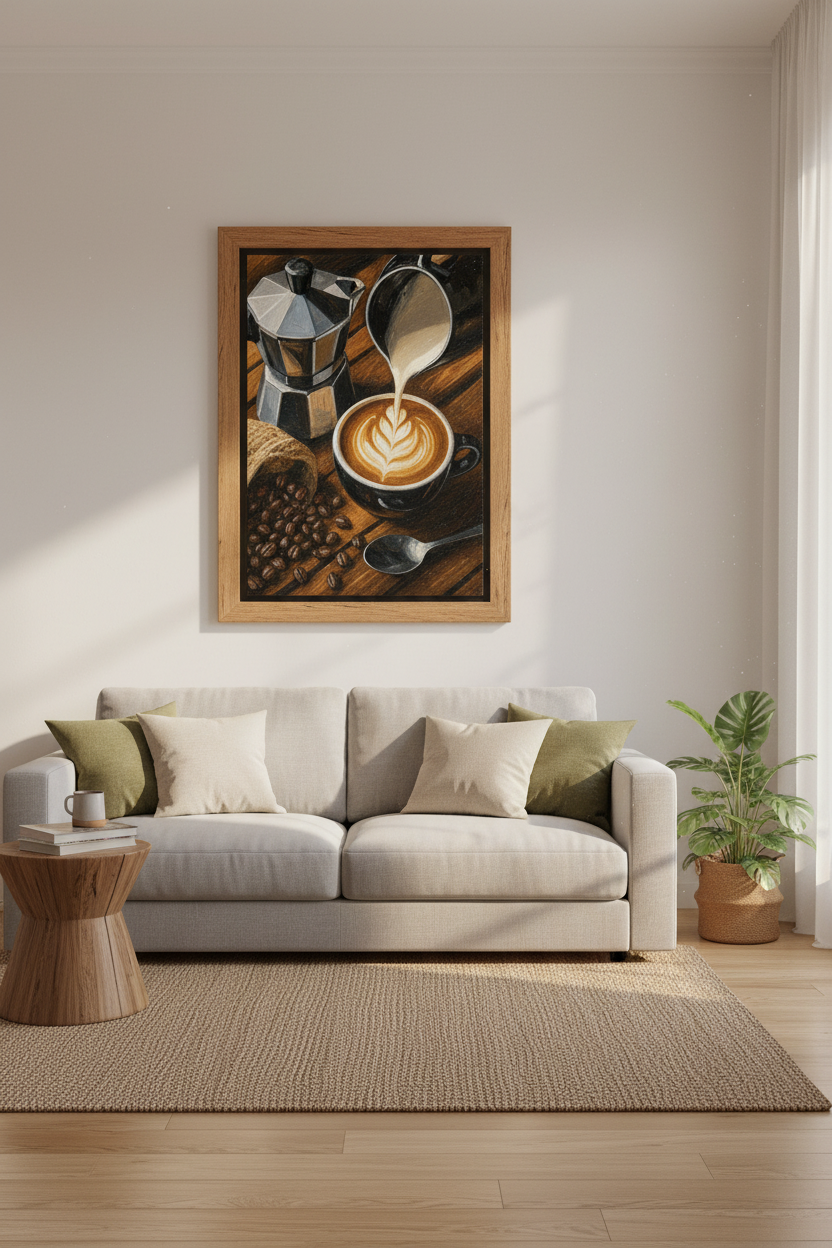 Coffee Latte Art Oil Painting | Kitchen Wall Decor, Rustic Cafe Poster