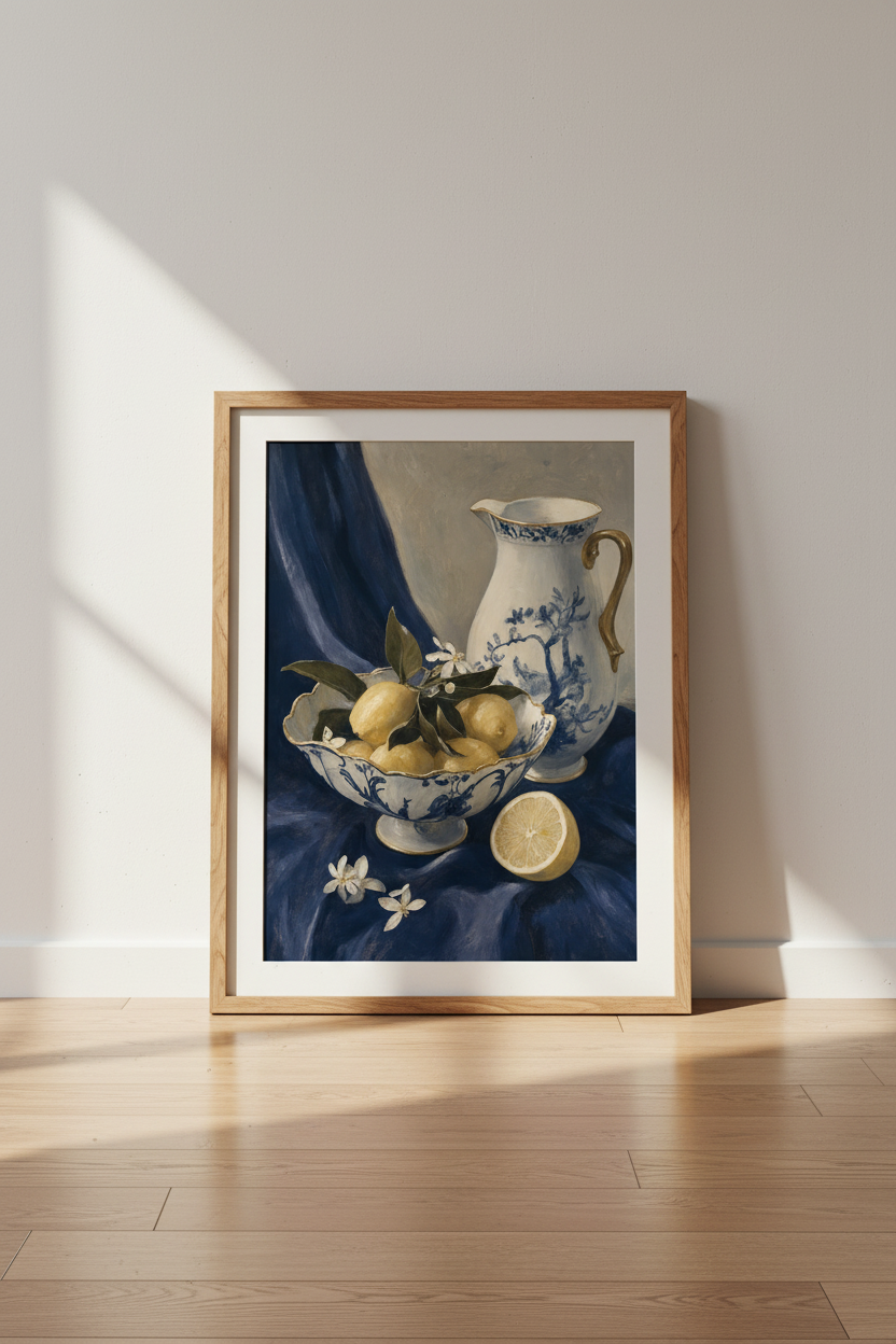 Lemon Still Life Wall Art | Blue and White Chinoiserie Poster, Kitchen Decor