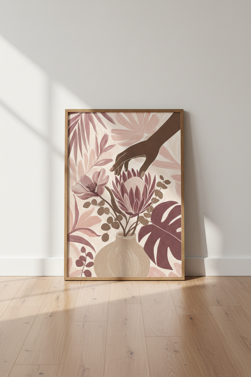 Boho Floral Wall Art Print | Dusty Pink Botanical Decor | Earthy Goddess Poster