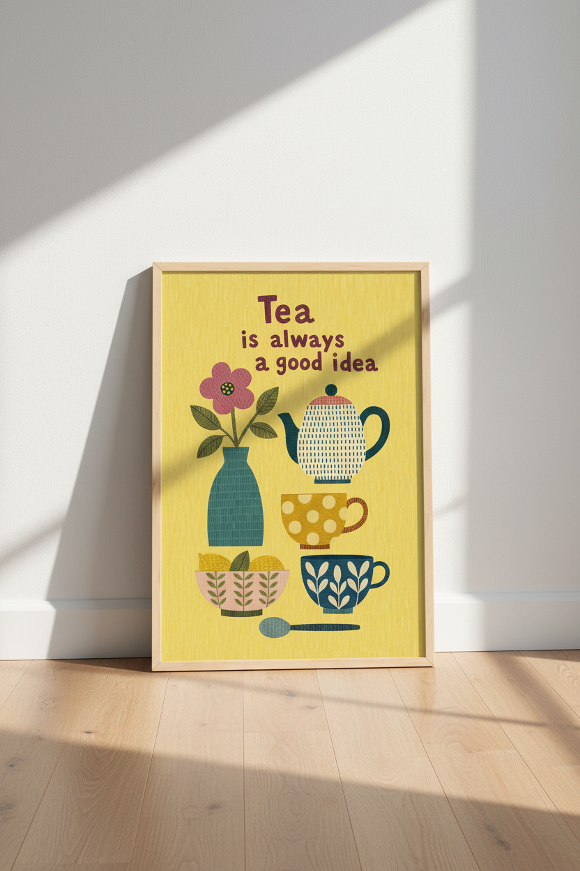 Tea Is Always a Good Idea Art Print | Yellow Kitchen Decor | Retro Tea Poster