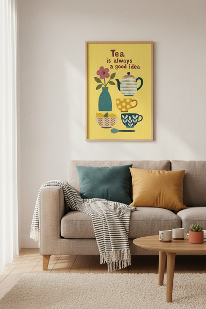 Tea Is Always a Good Idea Art Print | Yellow Kitchen Decor | Retro Tea Poster