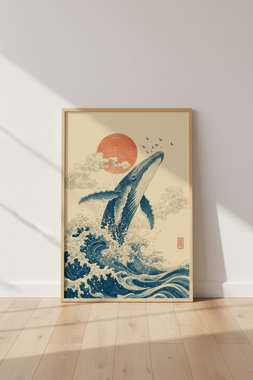 Japanese Whale Wall Art Print | Ukiyo-e Ocean Waves Poster | Nautical Living Room Decor