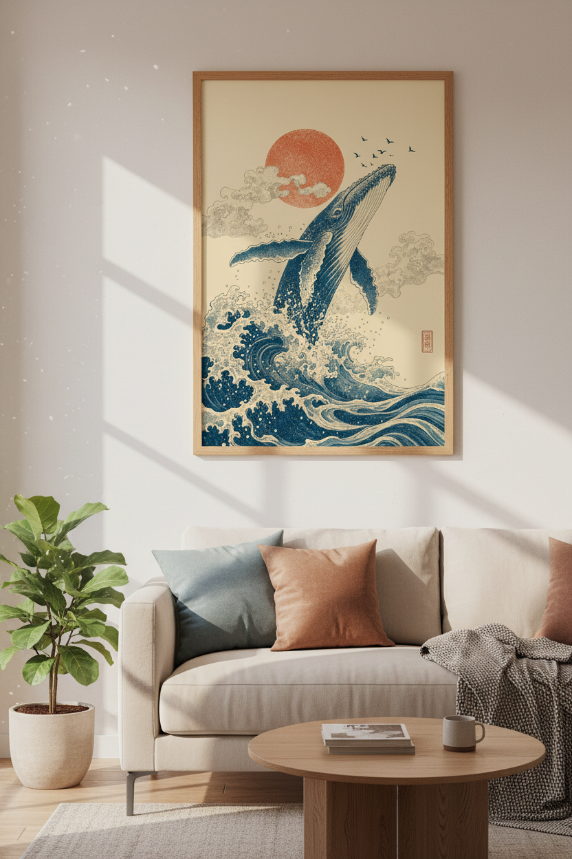 Japanese Whale Wall Art Print | Ukiyo-e Ocean Waves Poster | Nautical Living Room Decor