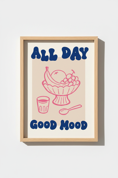 Retro Kitchen Poster | Pink and Blue Fruit Bowl Wall Art | Aesthetic Dining Room Decor